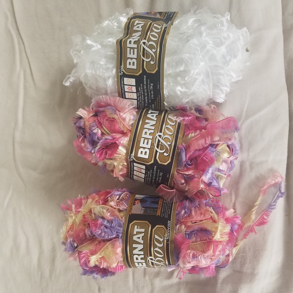 Bernat Boa Eyelash Yarn 3 Skeins White Pink Multi NEW Bulky Polyester Novelty